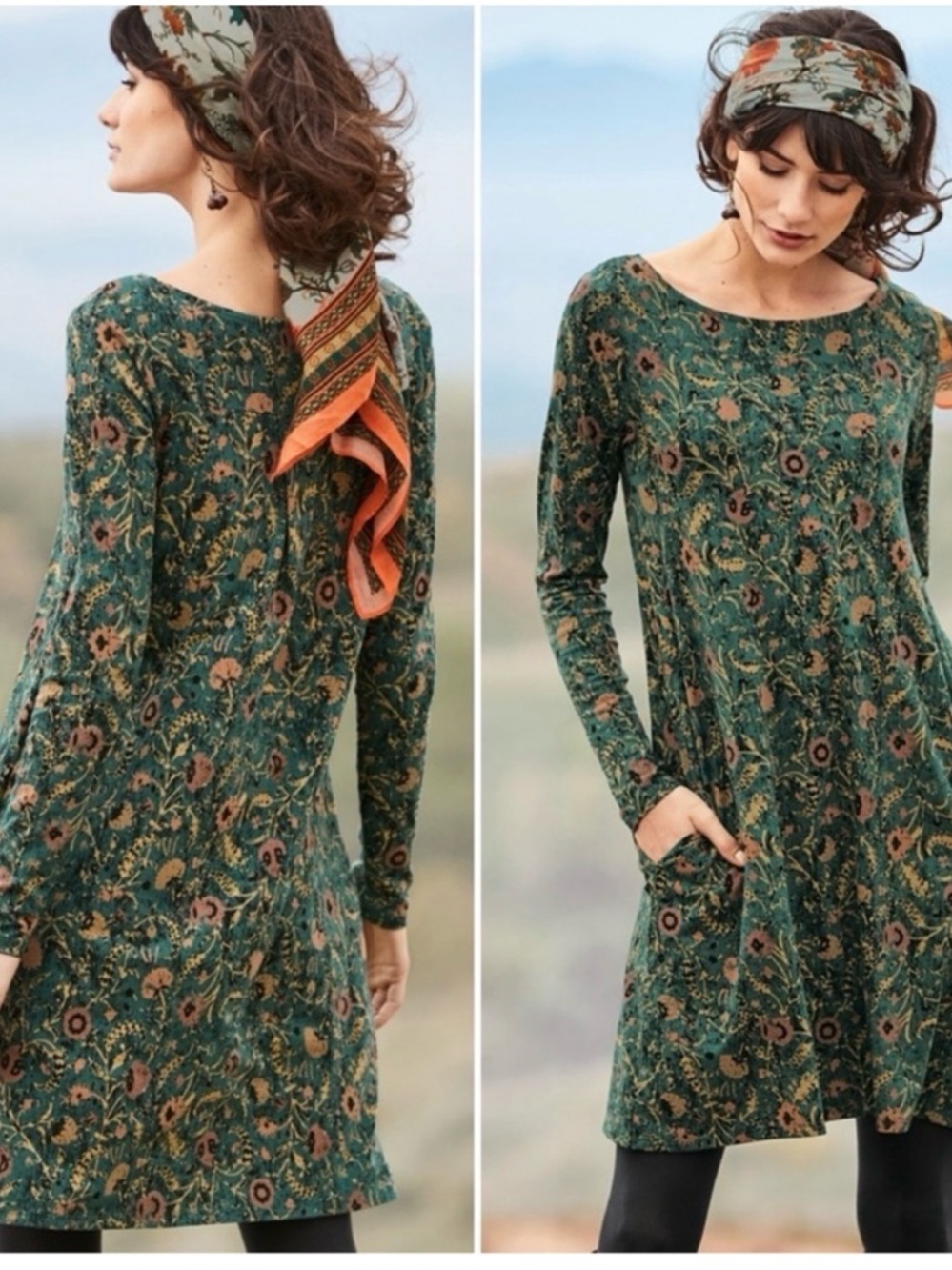 Peruvian Connection Orla Dress Emerald Floral Long Sleeve Size Large Tunic